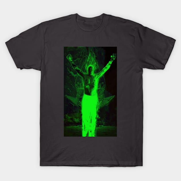 Portrait, digital collage and special processing. Shirtless man, stands. All chakras opened. Mystic. Green. T-Shirt by 234TeeUser234